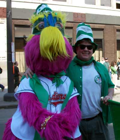Dan Hanson with Cleveland Indians mascot Slider on St Patrick's Day